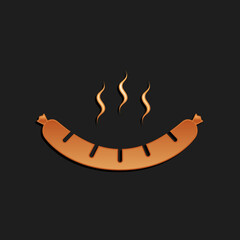 Gold Sausage with steam icon isolated on black background. Grilled sausage and aroma sign. Long shadow style. Vector.