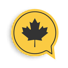 Black Canadian maple leaf icon isolated on white background. Canada symbol maple leaf. Yellow speech bubble symbol. Vector.