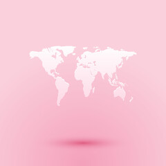 Paper cut World map icon isolated on pink background. Paper art style. Vector.