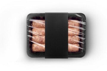 Sealable black plastic tray of fresh raw sausages with black paper label isolated on white top-view. Packaging template mockup collection. With clipping Path included.