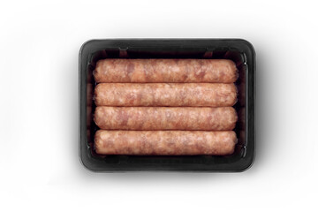 Opened black plastic tray of fresh raw sausages isolated on white top-view. Packaging template mockup collection. With clipping Path included.