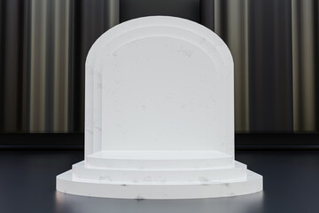 White marble stand on the dark studio,space for text or picture, showcase for product, 3d rendering