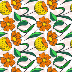Orange flowers seamless pattern for print textile. Scrapbooking and wrapping paper. Nature wallpaper.