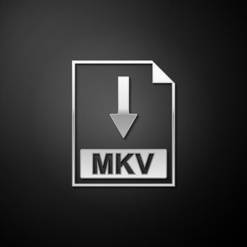 Silver MKV file document icon. Download MKV button icon isolated on black background. Long shadow style. Vector.