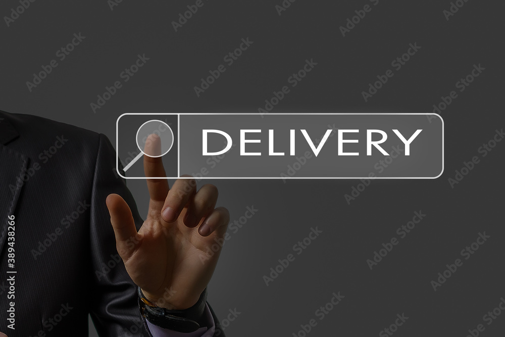 Poster e-commerce concept with a person touching a button on a digital interface with icons of delivery, de