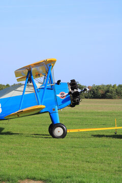 Biplane stearman pt 17 which takes off from an aerodrome. Used for aerial acrobatics because very manageable and lightweight. Cerny, France. October 13. 2019.