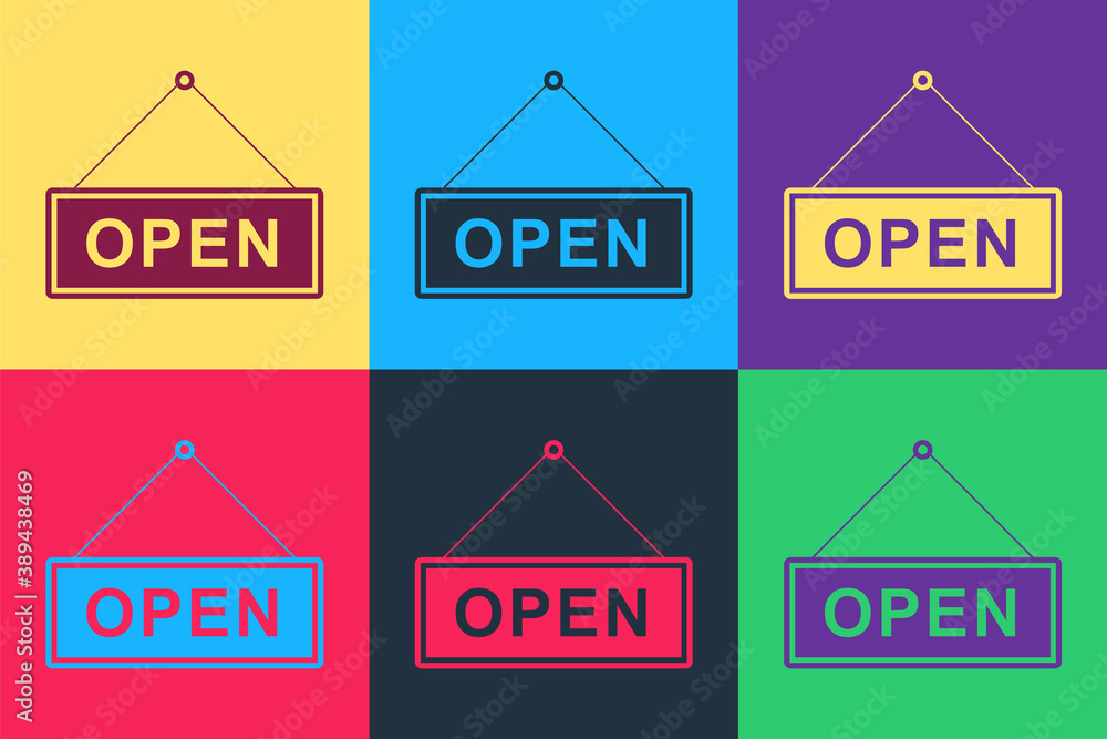 Poster pop art hanging sign with text open door icon isolated on color background. vector.