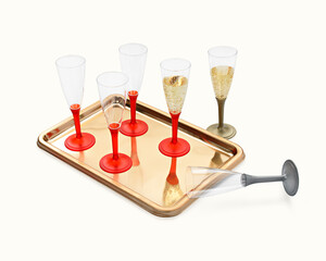 disposable tray and glasses with sparkling wine, isolated on white background