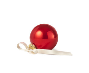 red christmas ball with bow, isolated on white background