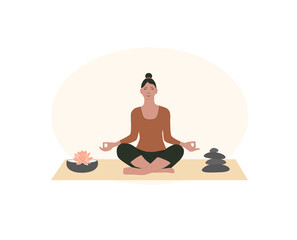 Women doing exercises and yoga, relax, during quarantine. Sport, leisure and hobby on isolation. Vector illustration in flat cartoon style.