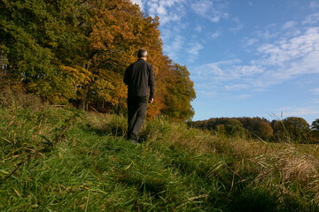 Fototapeta na wymiar Mann wandert am Waldrand im Herbst