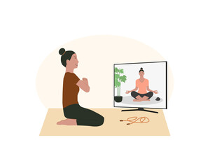 Quarantine, stay at home concept. Women doing exercises and yoga with teacher, tutor, personal trainer on-line, learn how to do exercises, relax, during quarantine. Sport, leisure and hobby 