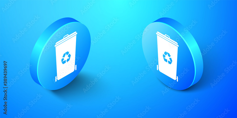 Poster isometric recycle bin with recycle symbol icon isolated on blue background. trash can icon. garbage 