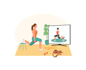 Quarantine, stay at home concept. Women doing exercises and yoga with teacher, tutor, personal trainer on-line, learn how to do exercises, relax, during quarantine. Sport, leisure and hobby 