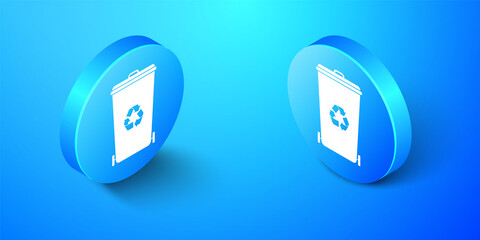 Isometric Recycle bin with recycle symbol icon isolated on blue background. Trash can icon. Garbage bin sign. Recycle basket icon. Blue circle button. Vector.