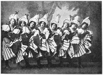 The popular dance troupe - Tiller Girls, 1899, London. Illustration of the 19th century. White background.