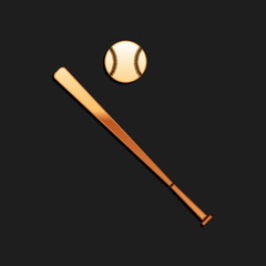 Gold Baseball ball and bat icon isolated on black background. Long shadow style. Vector.