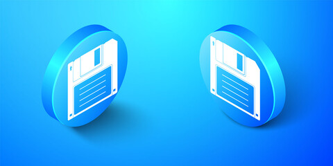 Isometric Floppy disk for computer data storage icon isolated on blue background. Diskette sign. Blue circle button. Vector.