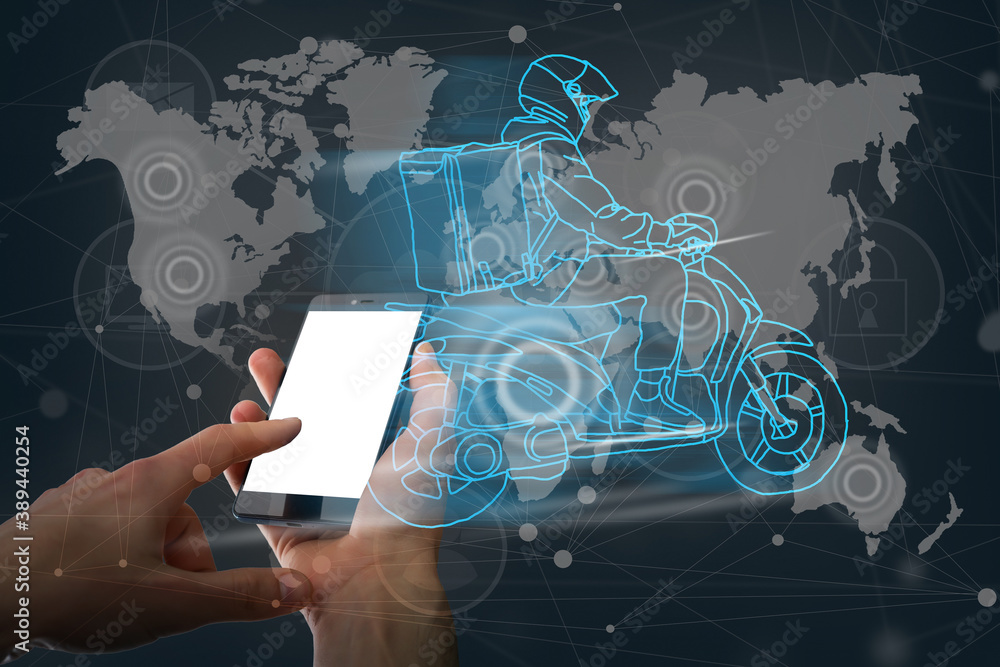 Aufkleber e-commerce concept with a person touching a button on a digital interface with icons of delivery, de