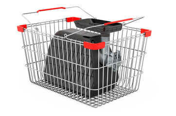 Electric meat grinder inside shopping basket, 3D rendering