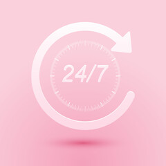 Paper cut Open 24 hours a day and 7 days a week icon isolated on pink background. All day cyclic icon. Paper art style. Vector.