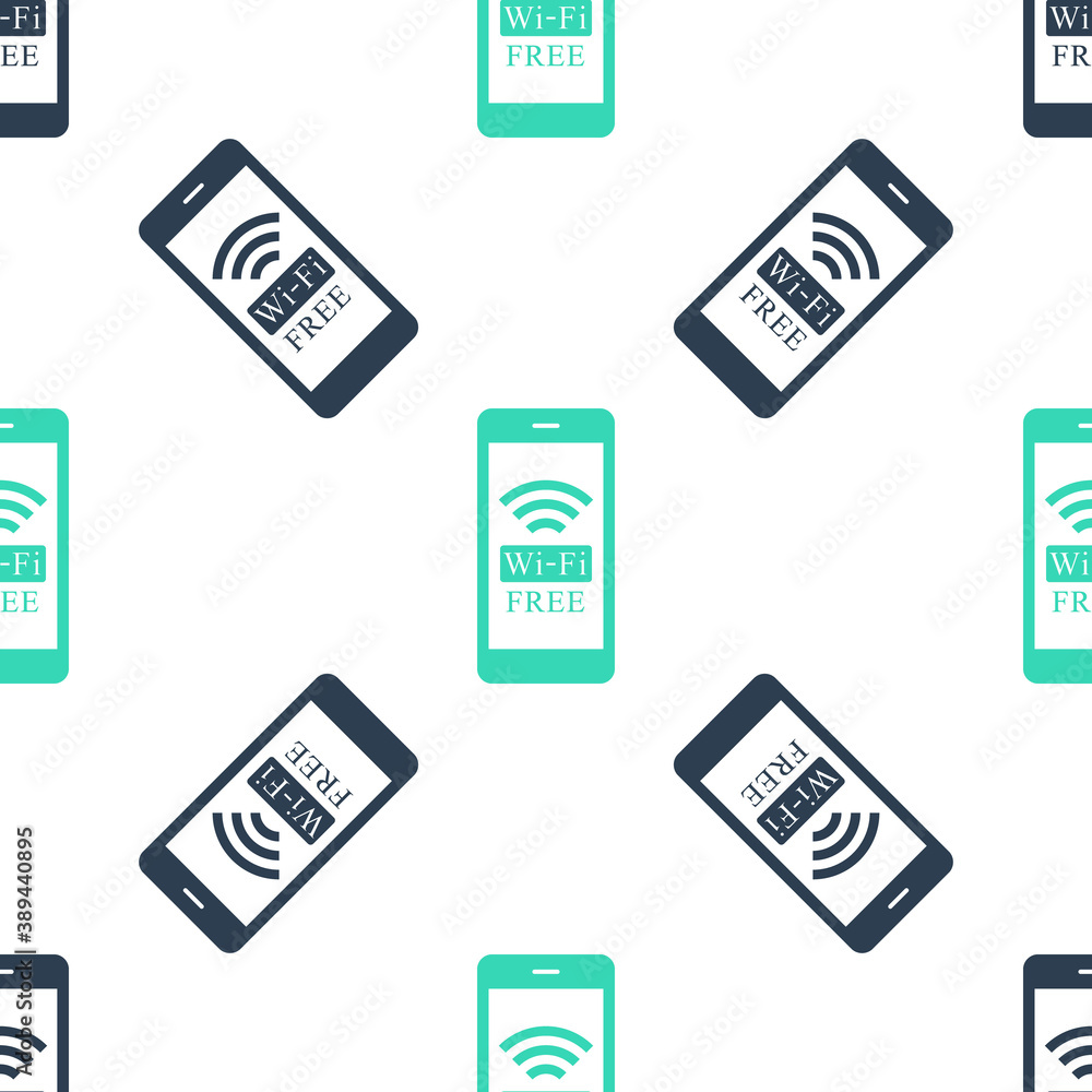 Poster green smartphone with free wi-fi wireless connection icon isolated seamless pattern on white backgro