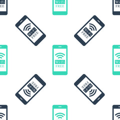 Green Smartphone with free wi-fi wireless connection icon isolated seamless pattern on white background. Wireless technology, wireless network, hotspot concept. Vector.