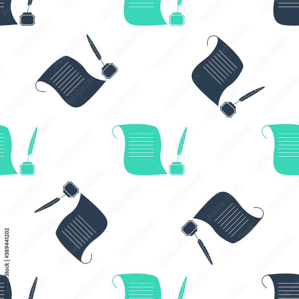 Poster green feather in the inkwell and paper scroll icon isolated seamless pattern on white background. ve