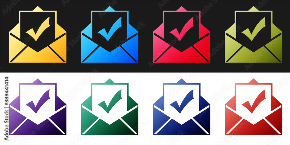 Poster set envelope with document and check mark icon isolated on black and white background. successful em