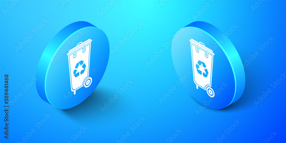 Poster isometric recycle bin with recycle symbol icon isolated on blue background. trash can icon. garbage 