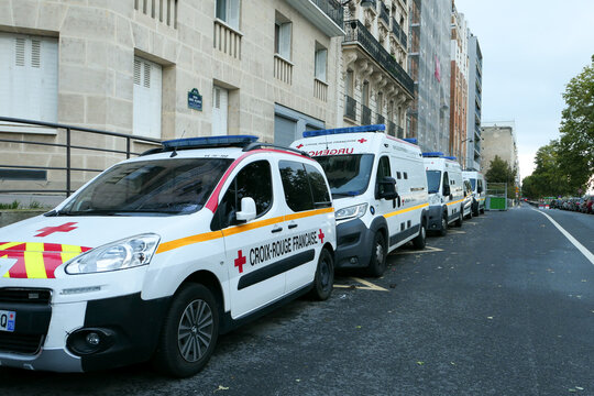 Ambulance of the red cross for the rescue of the wounded and sick. Emergency vehicle. Paris, France. October 04. 2020. 