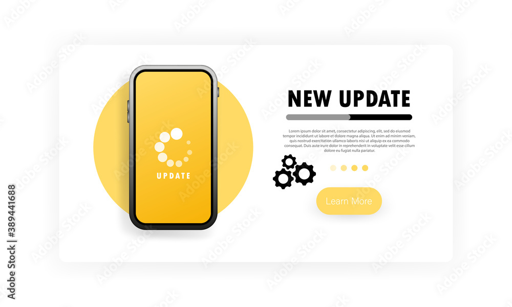 Poster new update banner. process updates mobile system on smartphone screen. upgrade operating system. dow