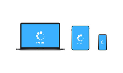 Devices update icon. Laptop, tablet and smart phone software update. Downloading data concept. Vector on isolated white background. EPS 10