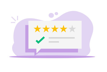 Review online testimonials vector, customer feedback bubble icon flat cartoon illustration, idea of approved comment text messages with good rating stars