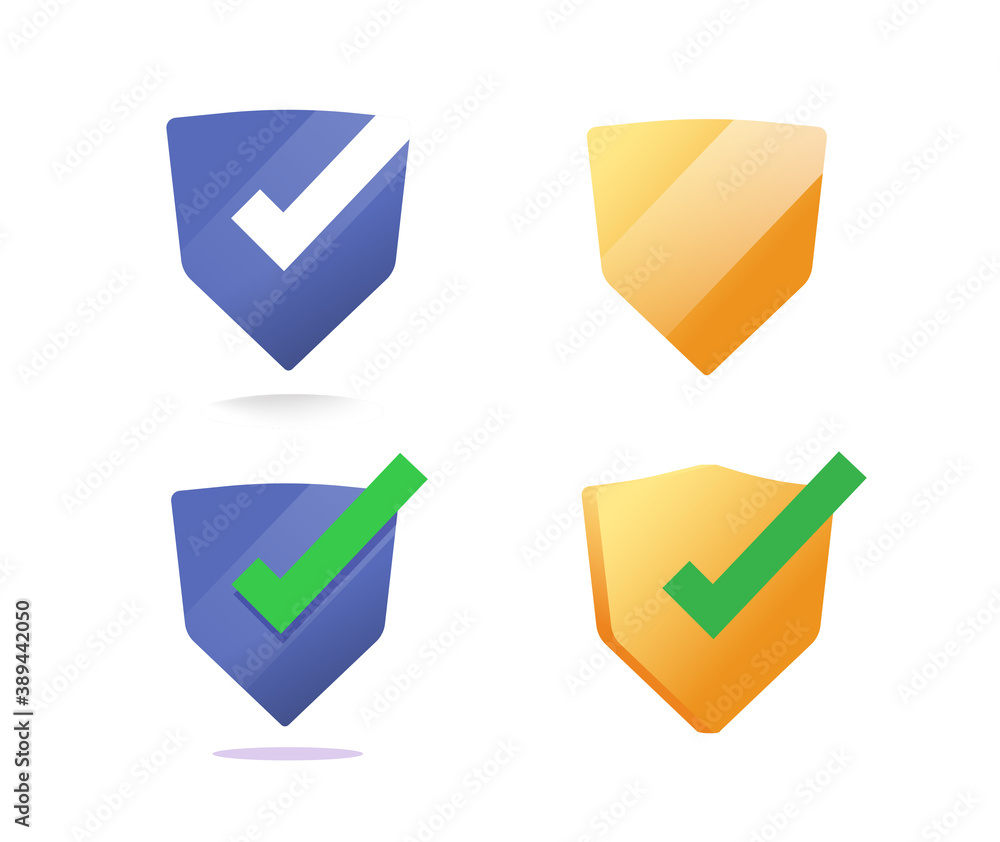 Poster shield icons vector set with check mark, security protected defence sign, approved guard symbol isol