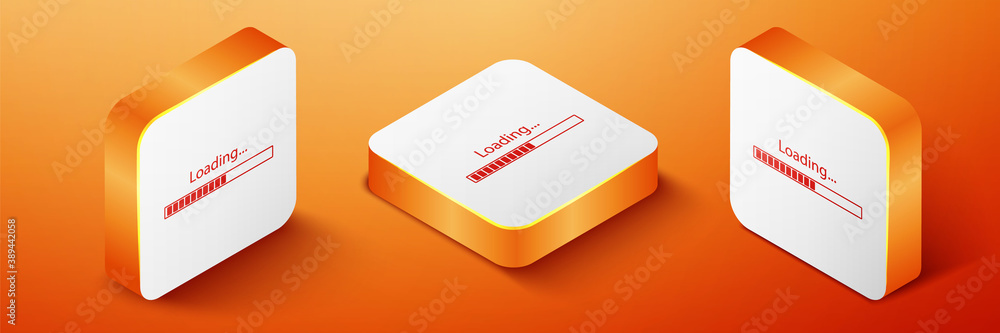 Poster isometric loading icon isolated on orange background. progress bar icon. orange square button. vecto