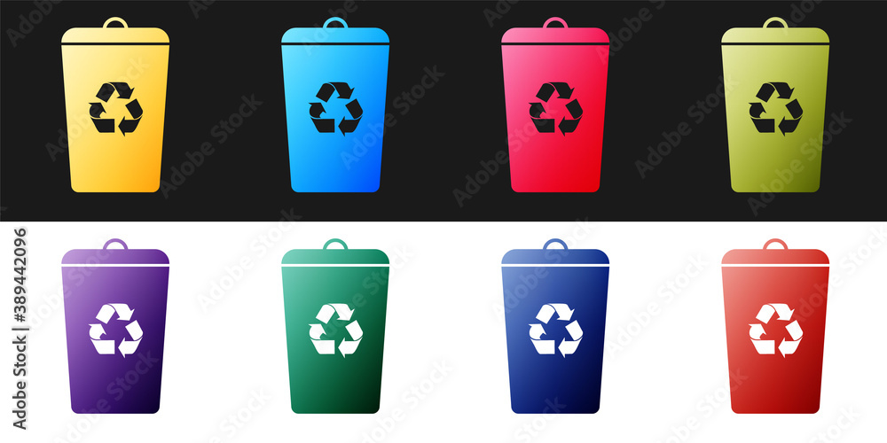 Poster set recycle bin with recycle symbol icon isolated on black and white background. trash can icon. gar