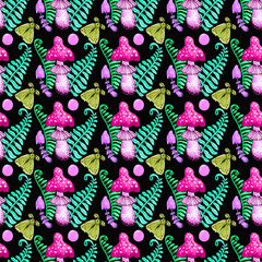 Witchcraft colorful seamless pattern. Pink magic background. Halloween, skull, moth, mushroom, moon, fern. Texture, fabric, paper, wallpaper