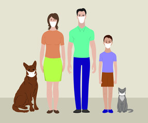 Family and their pets in medical masks at home to protect themselves from the virus.