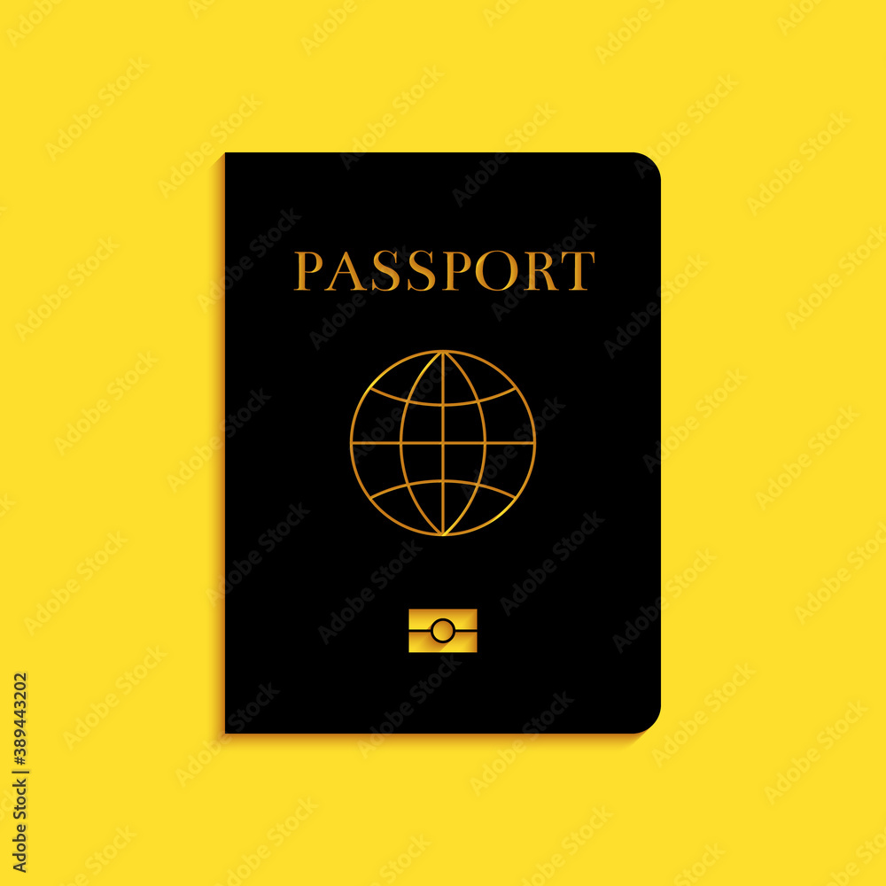 Poster black passport with biometric data icon isolated on yellow background. identification document. long