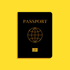 Black Passport with biometric data icon isolated on yellow background. Identification Document. Long shadow style. Vector.