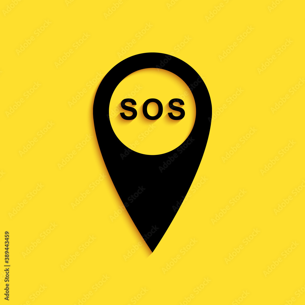 Poster black marker location with sos icon isolated on yellow background. sos call location marker. map poi