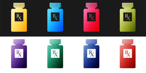 Set Pill bottle with Rx sign and pills icon isolated on black and white background. Pharmacy design. Rx as a prescription symbol on drug medicine bottle. Vector.