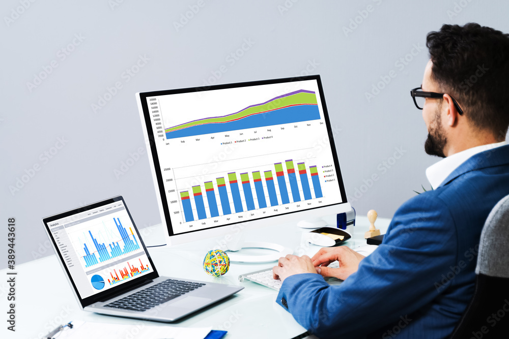 Poster business analyst man working on computer