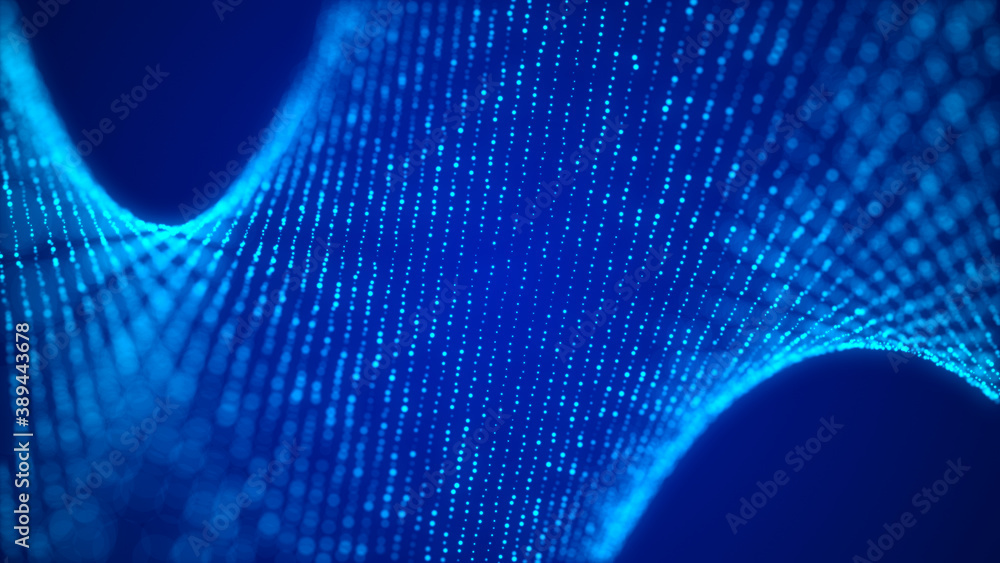 Poster abstract tunnel of dots. abstract gradient dynamic wave of glowing particles. network of neon dots. 