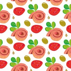 Vector seamless pattern with red fish (salmon), tomatoes, olives and capers. Background.