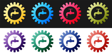 Set Gearwheel with tap icon isolated on black and white background. Plumbing work symbol. Vector.