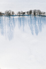 Aerial view of the trees along a road with amazing shadow on the snow. Winter scenery. 