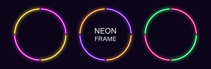 Neon circle Frame. Set of round neon Border in 4 outline parts. Geometric shape