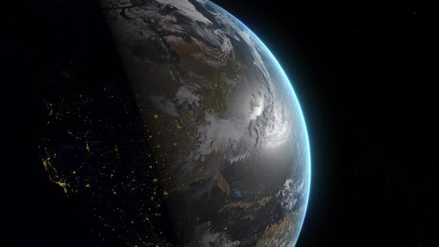 Planet Earth seen from space with night side city lights. North america seen from space. 3D animation